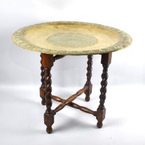 A Vintage Brass Benaries Tray on Folding Oak Barley Twist Stand, 56cms Diameter