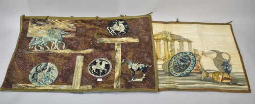 A Pair of Modern Grecian Quilted Wall Hangings Depicting Ruins, Horses Etc, 123x72cms
