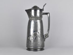 A Large Orovit Lidded Pewter Jug decorated in Relief with Fox Chasing Ducks and Stag Grazing,