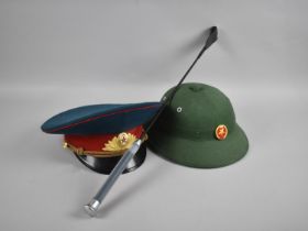 Two Reproduction Contemporary Military Hats and a Riding Whip