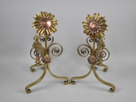A Pair of Ornate Arts and Crafts Brass and Copper Sunflower Fire Dogs, 38cms High