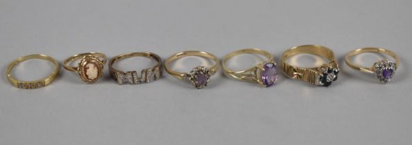 A Collection of Seven 9ct Gold and Jewelled Ladies Dress Rings to include Diamond, Sapphire,
