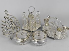 A Collection of Various Silver Plate to include Toast Rack, Cruet Sets, Preserve Pots Etc