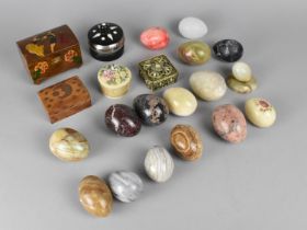 A Collection of Various Polished Stone and Onyx Eggs, Inlaid Boxes Etc