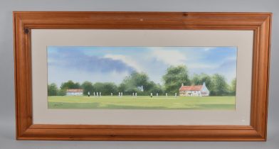 A Pine Framed Watercolour by Nick Grant, Cricket Match, Details Verso, 68.5x23cms