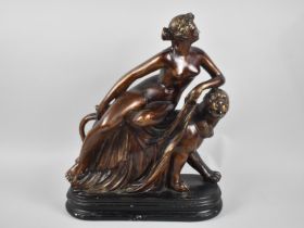 A Cold Painted Cast Plaster Figure Group of Britannia Sat on Lioness, Oval Plinth Base, 34cms Long