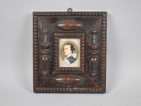 A Carved Oak Miniature Frame Containing Hand Painted Continental Portrait of Young Gent, 20x22cms