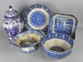 A Collection of Various Blue and White to Comprise Large Willow Pattern Vase and Cover, Copeland