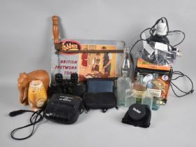 A Box of Sundries to include Fretwork Saw, Binoculars, Light Dome, Bottles Etc