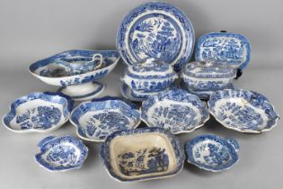 A Collection of Various 19th and Later Century Willow Pattern Blue and White China to Comprise