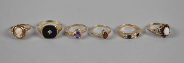 Six 9ct Gold Mounted Rings to include Diamond Mounted Signet Ring, Carved Cameo Ring, Opal and