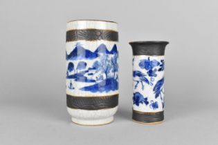 A Chinese Crackle Glazed Blue and White Nanking Brush Pot Decorated with River Village Scene