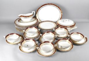 A Large Royal Stafford Bone China Burgundy and Gilt Trim Dinner Service to Comprise Plates, Platter,