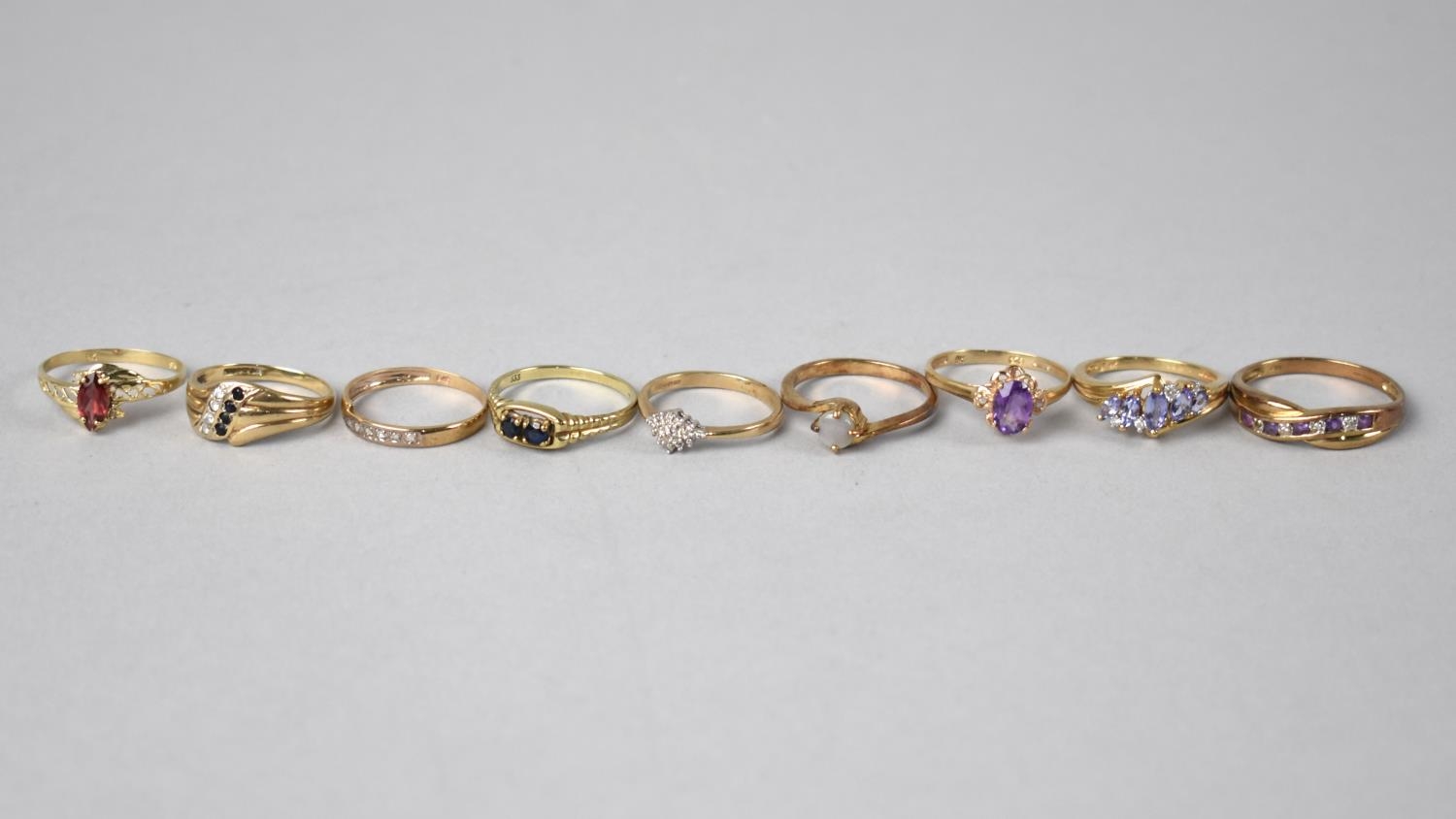 A Collection of Nine Jewelled 9ct Gold Mounted Ladies Dress Rings to include Diamond Cluster, Opal