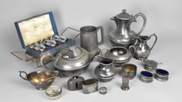 A Collection of Various Metalwares to Comprise Silver Mounted Glass Cruet, Pewter Tankard, Teapot,