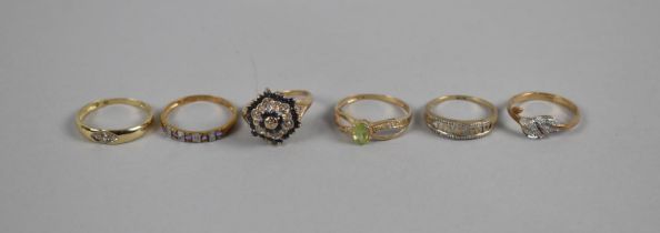 Six 9ct Gold Rings Mounted with Diamonds, Sapphire, Amethysts Etc, 8.4gms