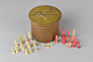 A Small Treen Circular Box Containing Part Miniature Bone Chess Set, The Lid Inscribed "Game of