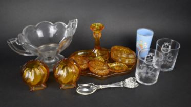 A Collection of Glassware to Comprise Amber Glass Dressing Set, Pedestal Twin Handled Bowl etc