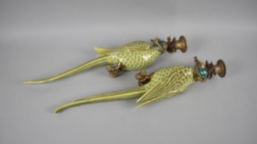 A Pair of Gilt Bronze and Porcelain Wall Hanging Candlesticks in the Form of Parrots, 48cms HIgh