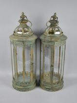 A Pair of Green Patinated Brass Octagonal Lanterns, Each 59cms High