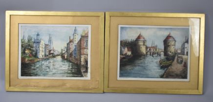 A Pair of Coloured Dutch Canal Prints, Signed to Border, 47x35cms