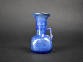 An Early Continental Iridescent Blue Glass Vase with Flared Neck and Cubed Belly Base, Hand Blown,