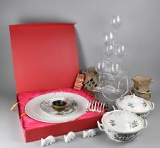 A Box Containing Various Ceramics, Glassware, Silver Plated Toast Rack, Large Cake Plate Etc
