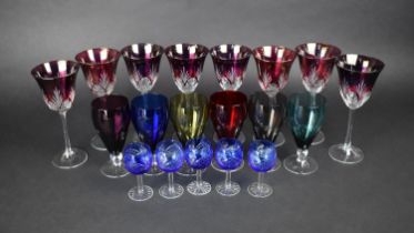 A Collection of Various Coloured Glass to Comprise Set of Eight Wine Glasses, Five Sherries and
