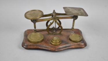 An Edwardian Brass Postage Scales by Wright and Co, Complete with Weights on Wooden Plinth Base,