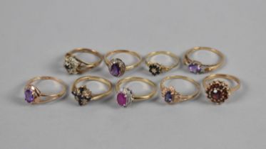 A Collection of Nine 9ct Gold Jewelled Rings to Include Amethyst, Ruby, Sapphire, Garnet and Diamond