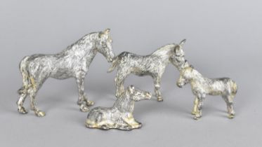 A Collection of Plated Cast Metal Mare and Foal and Donkey and Foal Figures, 9cms Long