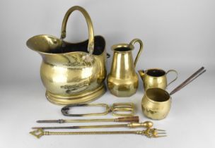 A Collection of 19th Century and Later Brasswares to Comprise Coal Bucket (Base AF), Jugs, Pot and