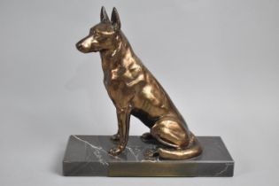 A Gilt Metal Study of a Seated German Shepherd, Set on Rectangular Marble Plinth with Plaque