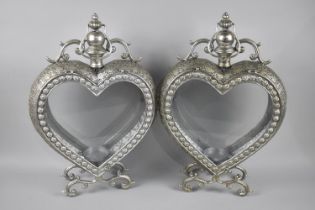 A Pair of Silver Sprayed Pierced Metal Heart Shaped Lanterns, 52cms High