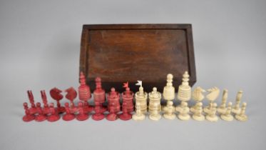 A Mid 19th Century Stained Bone Barleycorn Pattern Carved and Turned Chess Set, Kings 9cms High