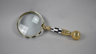 A Modern Chequer Inlaid Brass Desk Top Magnifying Glass, 24cms Long
