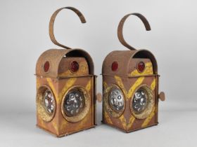 A Pair of Vintage Three Glass Road Lamps with Burners and Reflectors