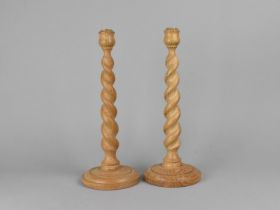 A Pair of Turned Wooden Barley Twist Candlesticks, Made by Tony Caplin, 36cms High