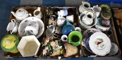 Three Boxes of Ceramics to Include Rose Pattern Toilet Jug and Bowl (AF), Lager Steins, Decorated