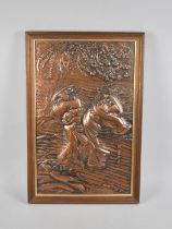 An Oriental Pressed Copper Relief Picture of Figures in Storm, 46x29cms