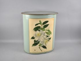 A Floral Decorated Painted Metal Oval Linen Basket with Hinged Lid, 41.5cms Wide