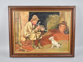 A Framed Oil on Canvas Depicting Farmers Boy Playing Recorder to Puppy, 40x29cms