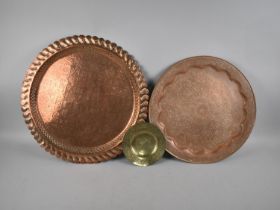 Two Circular Islamic Engraved Trays/Chargers and a Small Engraved Brass Dish, 17cms Diameter