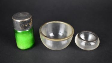 A Silver Topped Green Glass Pot, 9cm high (Inner Stopper AF), Birmingham Hallmark Together with a