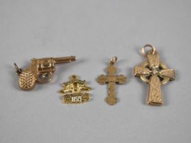 A 9ct Gold Pendant/Charm, Revolver, and Two 9ct Gold Crucifixes Plus A Non Gold Harley Davidson