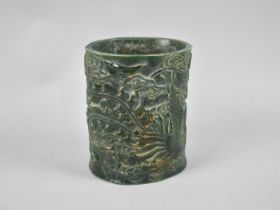 A Chinese Reproduction Jade Style Brush Pot Decorated in Relief with Phoenix and Dragon in