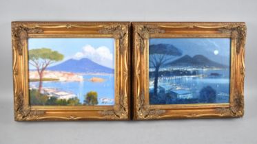 A Pair of Gilt Framed Italian Oils Depicting Mount Vesuvius by Day and Night, from Naples, 29x25cms