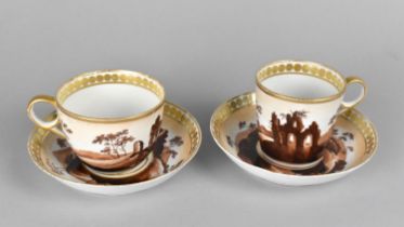 Two Early 19th Century Porcelain Chamberlains Worcester Hand Painted Cups and Saucers, Decorated