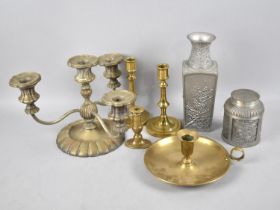 Two Royal Selangor Pewter Items and a Collection of Brass Candlesticks
