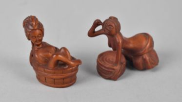 Two Carved Wooden Netsukes Modelled as Nude Ladies